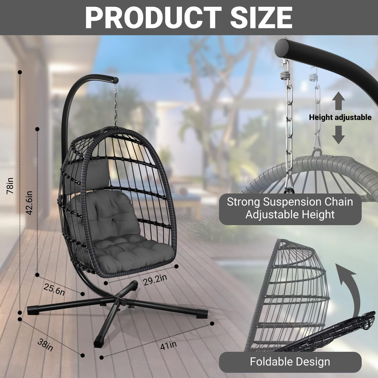 CHABATREE Egg Chair with Stand,Patio Rattan Wicker Hanging Swing Egg Chair Hammock Chair for Bedroom Porch Garden,Thickened Aluminum Alloy Steel Frame and UV Resistant Cushion,350LBS Capacity CHABATREE