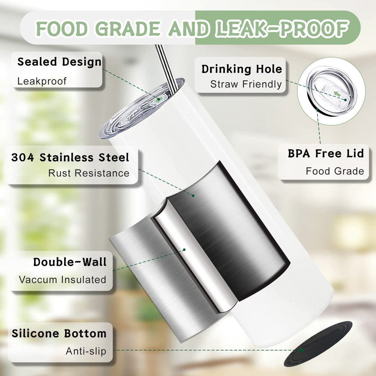 Kocdam 4 Pack Sublimation Tumblers with Lids and Straws Bulk, 20oz Sublimation Tumbler Blank, Stainless Steel Double Wall Sublimation Tumblers 20 oz Skinny, Polymer Coating for Heat Transfer Kocdam