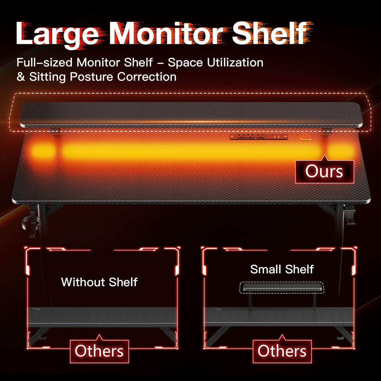 MOTPK Gaming Desk with LED Lights & Power Outlets, 47 Inch Computer Desk Gaming Table with Monitor Shelf, Gamer Desk with Carbon Fiber Texture, Kids Boys Desk Gift for Men MOTPK