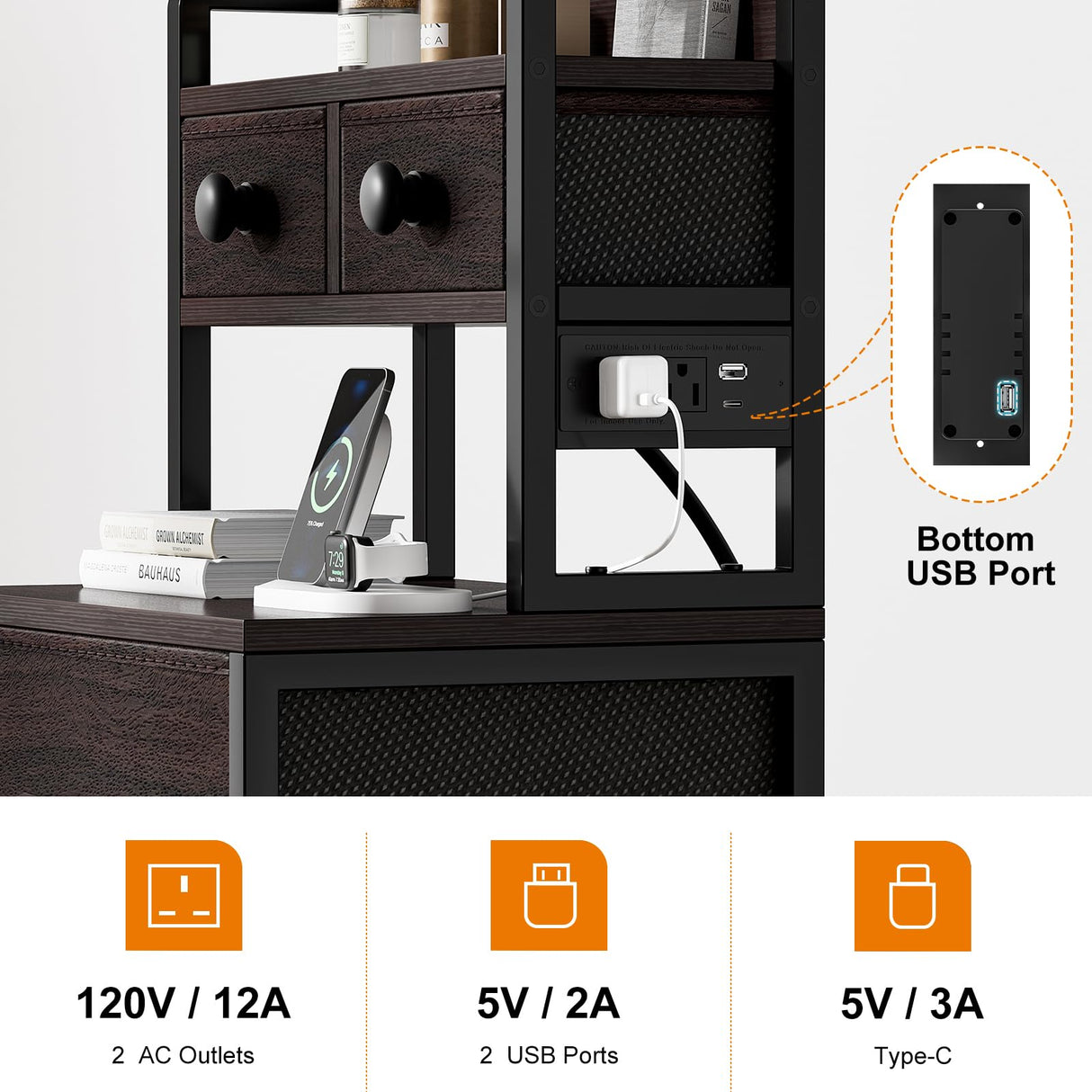 REAHOME 41 Inch Tall Nightstand with Charging Station, LED Night Stand with 6 Fabric Drawers, Bed Side Table with 3-Tier Wood Storage Shelves for Bedroom, Office, Small Spaces, Leather Brown REAHOME