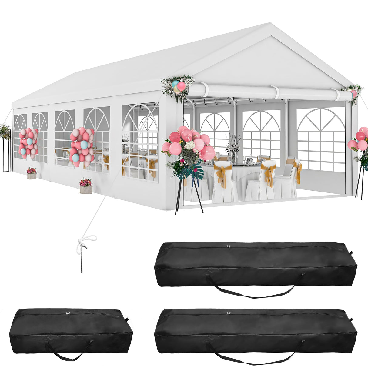 DWVO 16x32 ft Outdoor Heavy Duty Party Tent Wedding Event Shelters Upgraded Galvanized Canopy with Large White Roof, Removable Sidewalls & Storage Bags DWVO