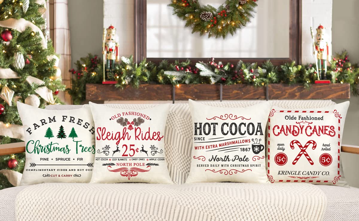 Farmhouse Christmas Pillow Covers 18x18 Set of 4 Winter Holiday Decorations Xmas Rustic Throw Cushion Case for Sofa Couch Home Decor (Sleigh Rides, Farm Fresh Tree, Cocoa, Candy Canes) 4TH Emotion