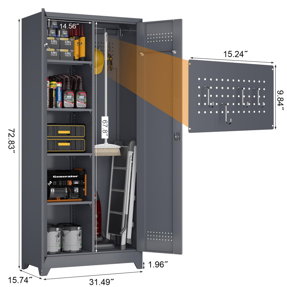 72.8" H Locking Garage Storage Cabinet, Metal Lockable Storage Cabinets with Doors and Shelves, Grey Broom Closet Storage Cabinet, Broom and Mop Utility Cabinet for Home,Kitchen,Garage GREATMEET