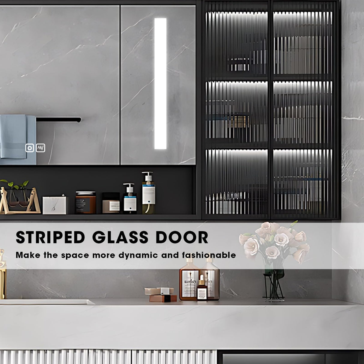 High QLO Bathroom Vanity -60'' Floating Bathroom Vanities with Sink Includes Striped Embossed Glass Door Cabinet & White Simple Unique Style | Marble Texture Design Countertop and Led Light High QLO