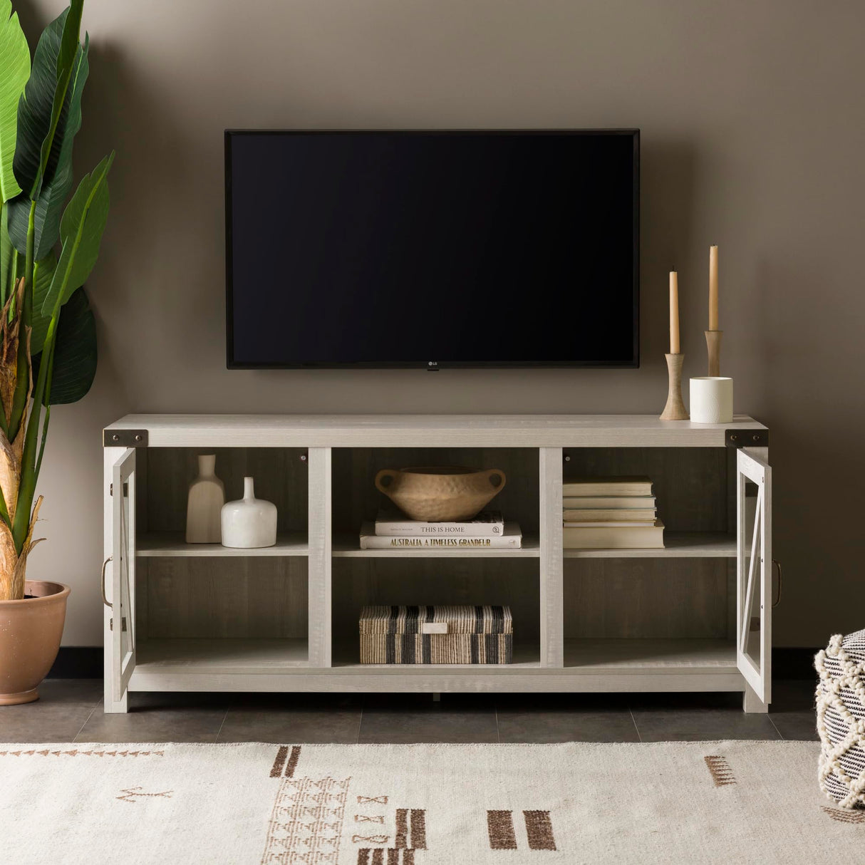 Walker Edison Wesley Modern Farmhouse Glass Door TV Stand for TVs up to 65 Inches, 58 Inch, Stone Grey, Without Fireplace Walker Edison