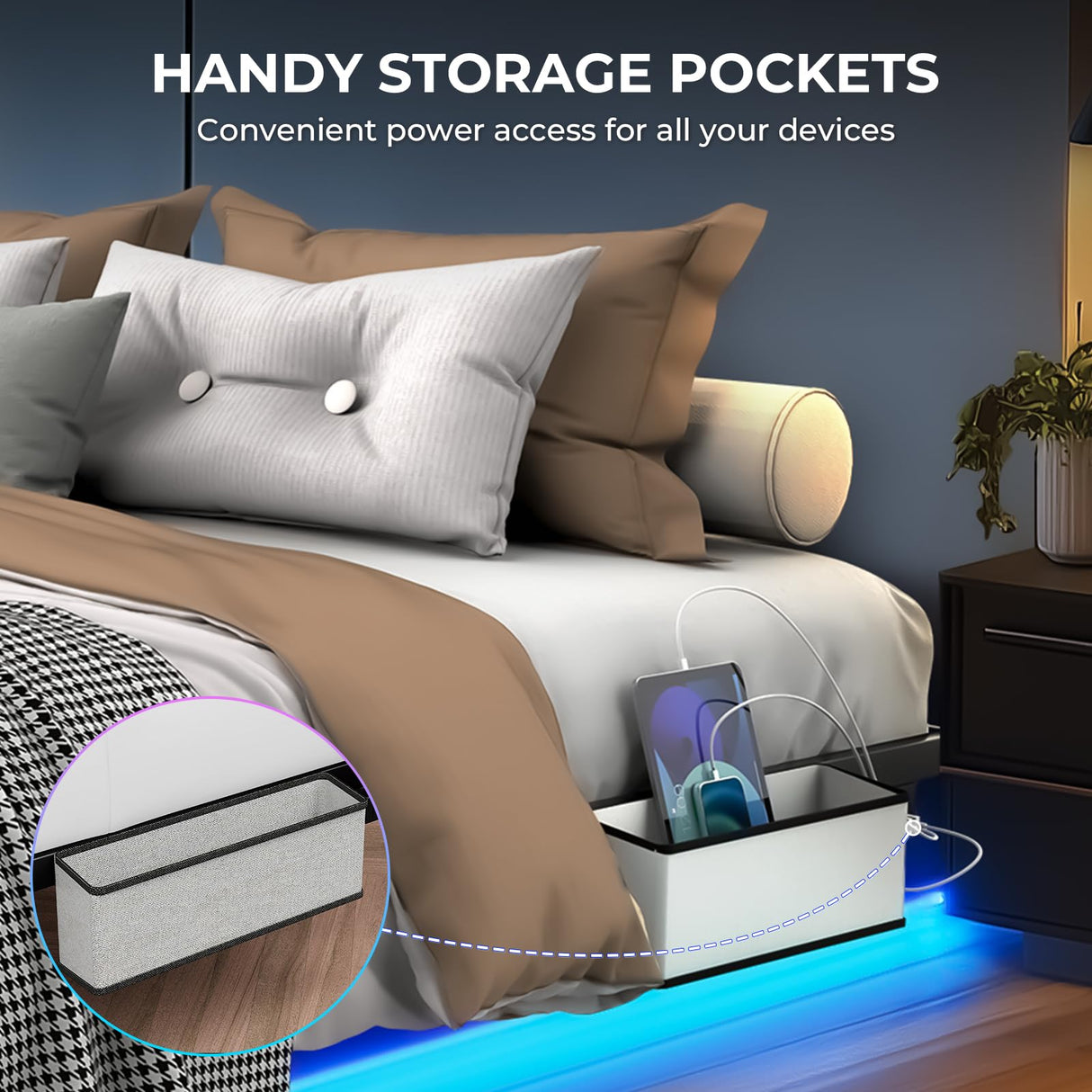 Tatub Queen Floating Bed Frame with LED Lights, Charging Station & Mattress Stabiliser Tatub