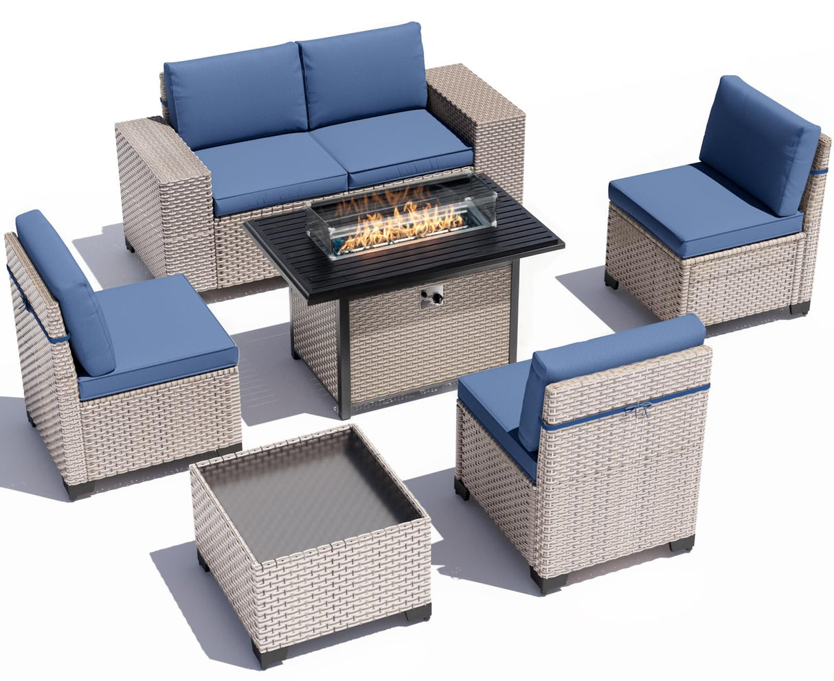 Aukreolis 7 Pieces Patio Furniture Set with Fire Pit Table, Outdoor Sectional Wicker Sofa with Thickened Cushions and Coffee Table, High Back Rattan Patio Conversation Sets, Navy Aukreolis