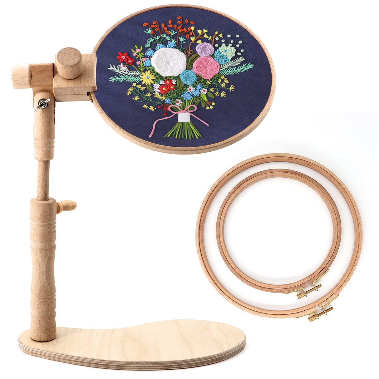 ZOCONE Beech Wood Adjustable Rotated Embroidery Hoop Stand with 2 Pcs 6'' 8'' Embroidery Hoops, Wooden Embroidery Stand, Embroidery Hoop Holder for Cross Stitch and Embroidery Project (A) ZOCONE