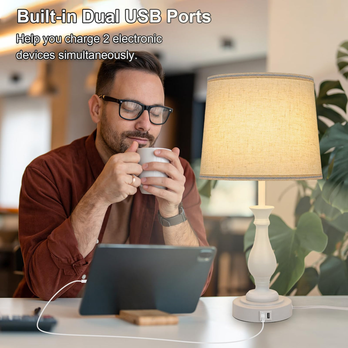 Farmhouse Table Lamp Touch Control 3-Way Dimmable Table Lamp, Modern Nightstand Lamp with 2 USB Port Bedside Desk Lamp with Fabric Shade for Living Room Bedroom Hotel (Pack-01 White) LALISU