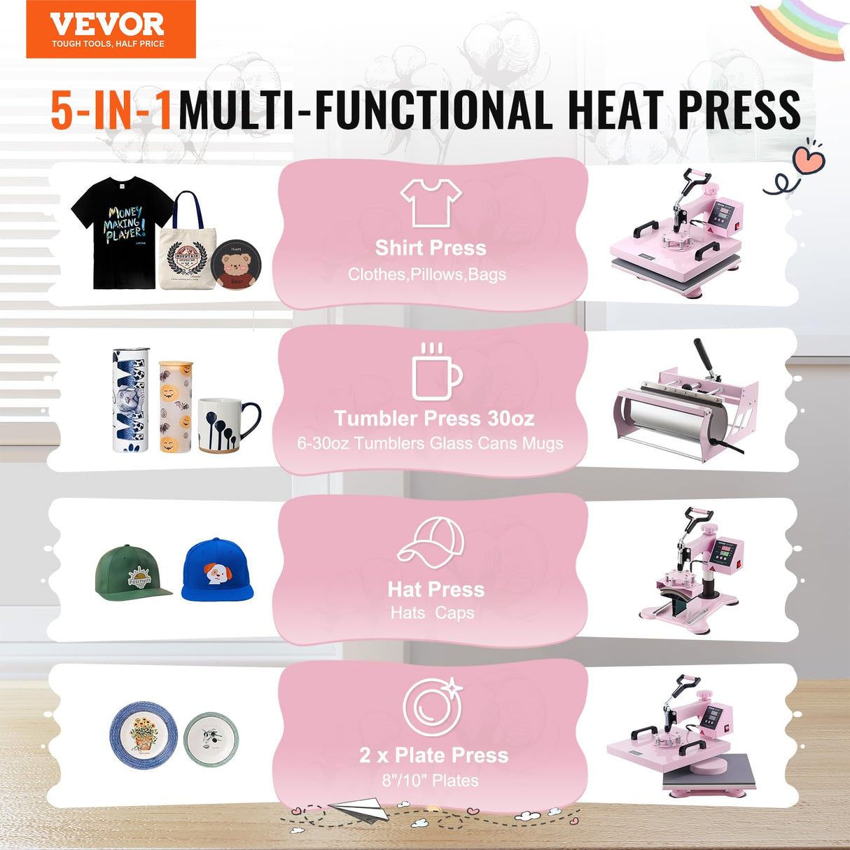 VEVOR Heat Press Machine 15x15 inch, Heat Press Machine for T-Shirts, 5 in 1 Heat Press with 30 OZ Tumbler Press, Combo Tumbler Heat Press Machine Sublimation for Hat Cap Mug Plate, Pink VEVOR
