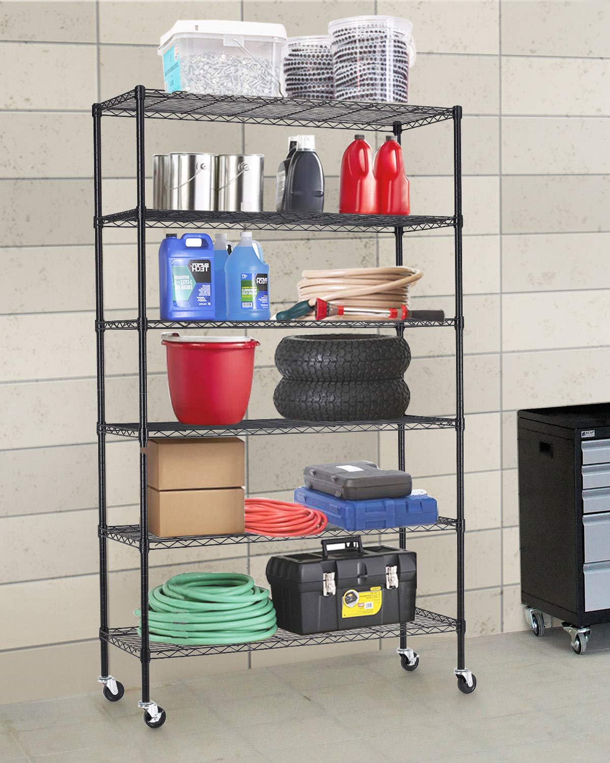 FDW Wire Shelving Unit with Wheels Steel 6 Tier Heavy Duty Layer Rack Storage Metal Shelf Garage Organizer Wire Rack Shelving Adjustable Utility 2100 LBS Capacity-18x48x82 inch (Black) FDW