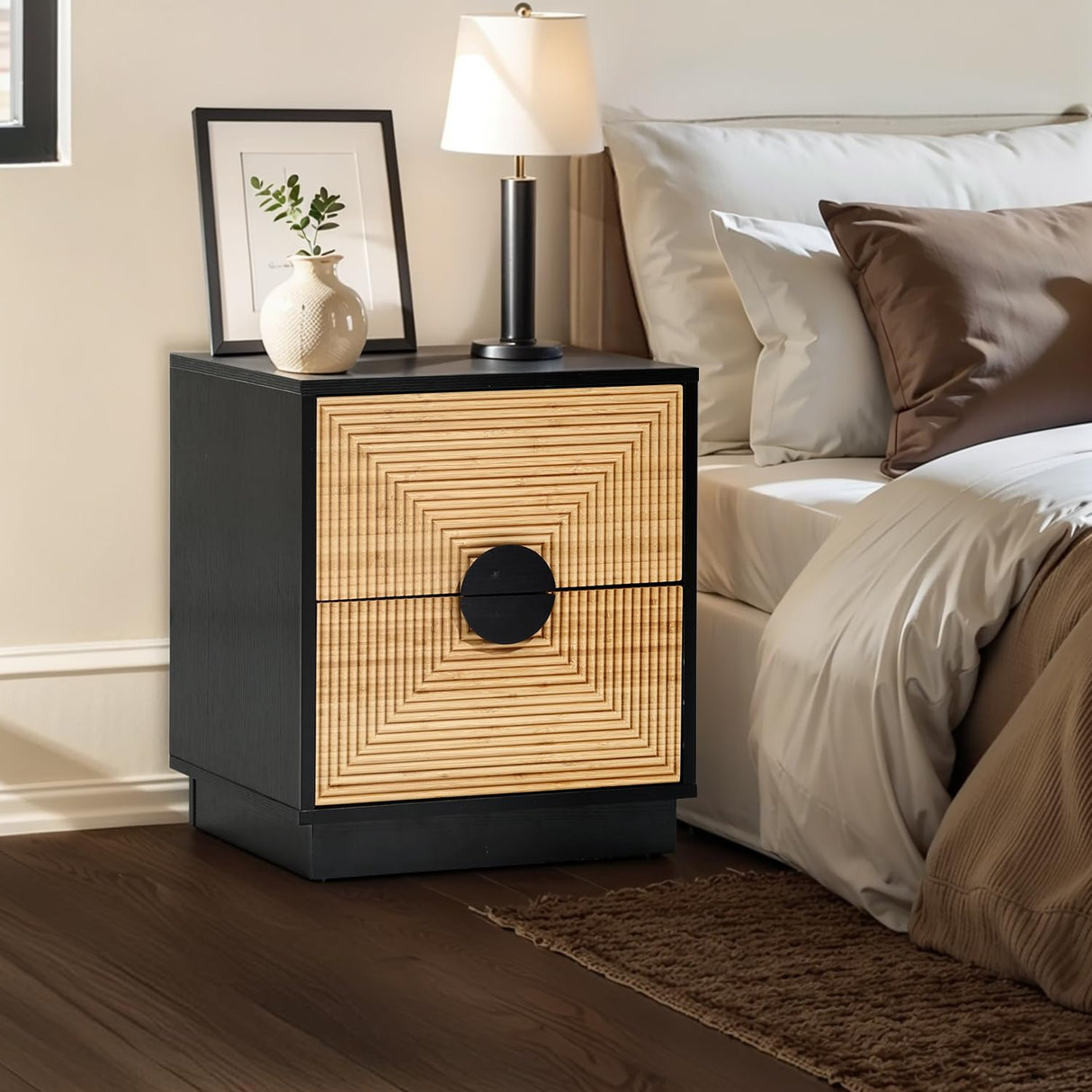 LuxenHome Night Stand, Mid Century Modern Nightstand with 2 Drawers, Boho Bedside Table with Bamboo Strips Pattern, Small End Tables Living Room or Bedroom, Small Side Table with Storage, Black/Brown LuxenHöme