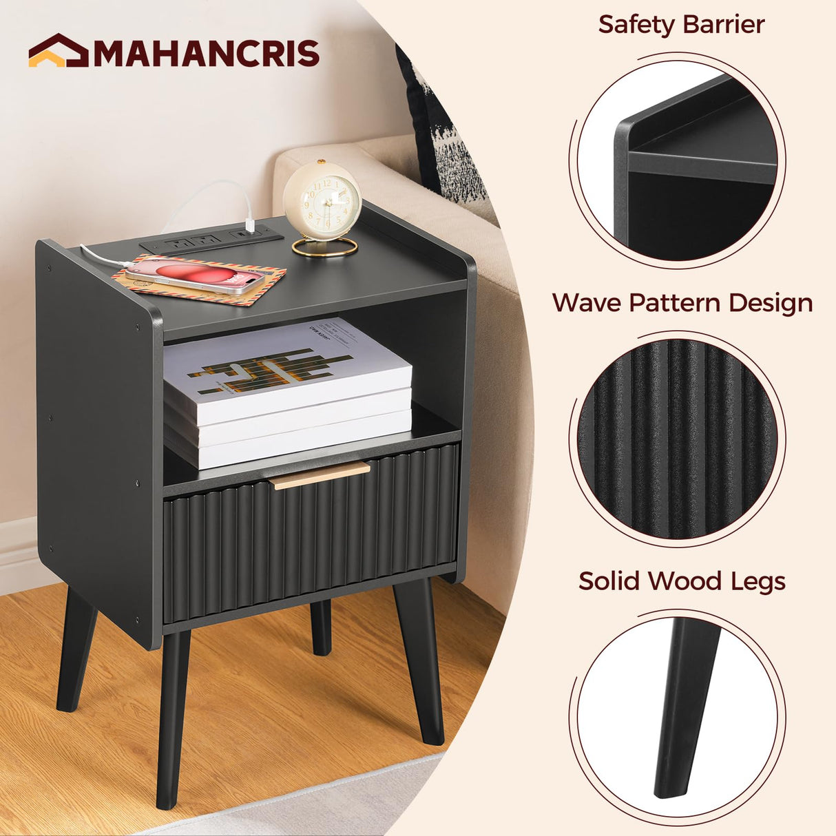 MAHANCRIS End Table Living Room Fluted Night Stand, 15.9" Modern Side Table with Charging Station,Bedside Table with Drawer for Small Spaces, Bedroom, Black ETBK61E01 MAHANCRIS
