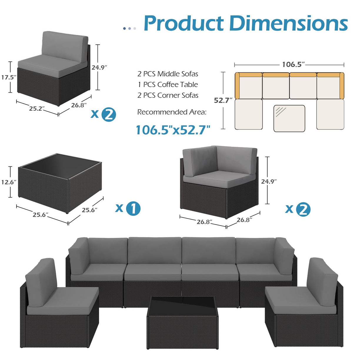 U-MAX 7 Piece Outdoor Patio Furniture Set with 30 Inch Fire Pit Table, PE Rattan Wicker Sofa Set, Outdoor Sectional Furniture Chair Set with Cushions and Tea Table, Black Rattan&Dark Grey Cushion U-MAX