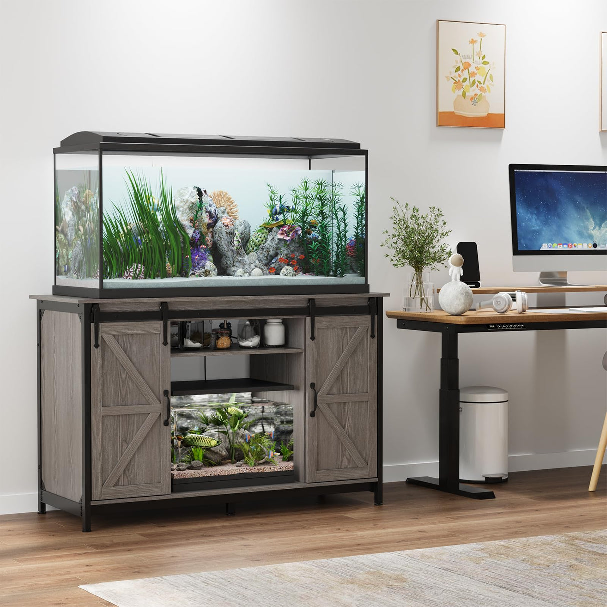 VOWNER Farmhouse 55-75 Gallon Fish Tank Stand with Power Outlet, Aquarium Stand with Storage Cabinet and Sliding Barn Door, Heavy Duty Reptile Tank Stand, for 2 Tanks, 1000LBS Capacity, Grey VOWNER