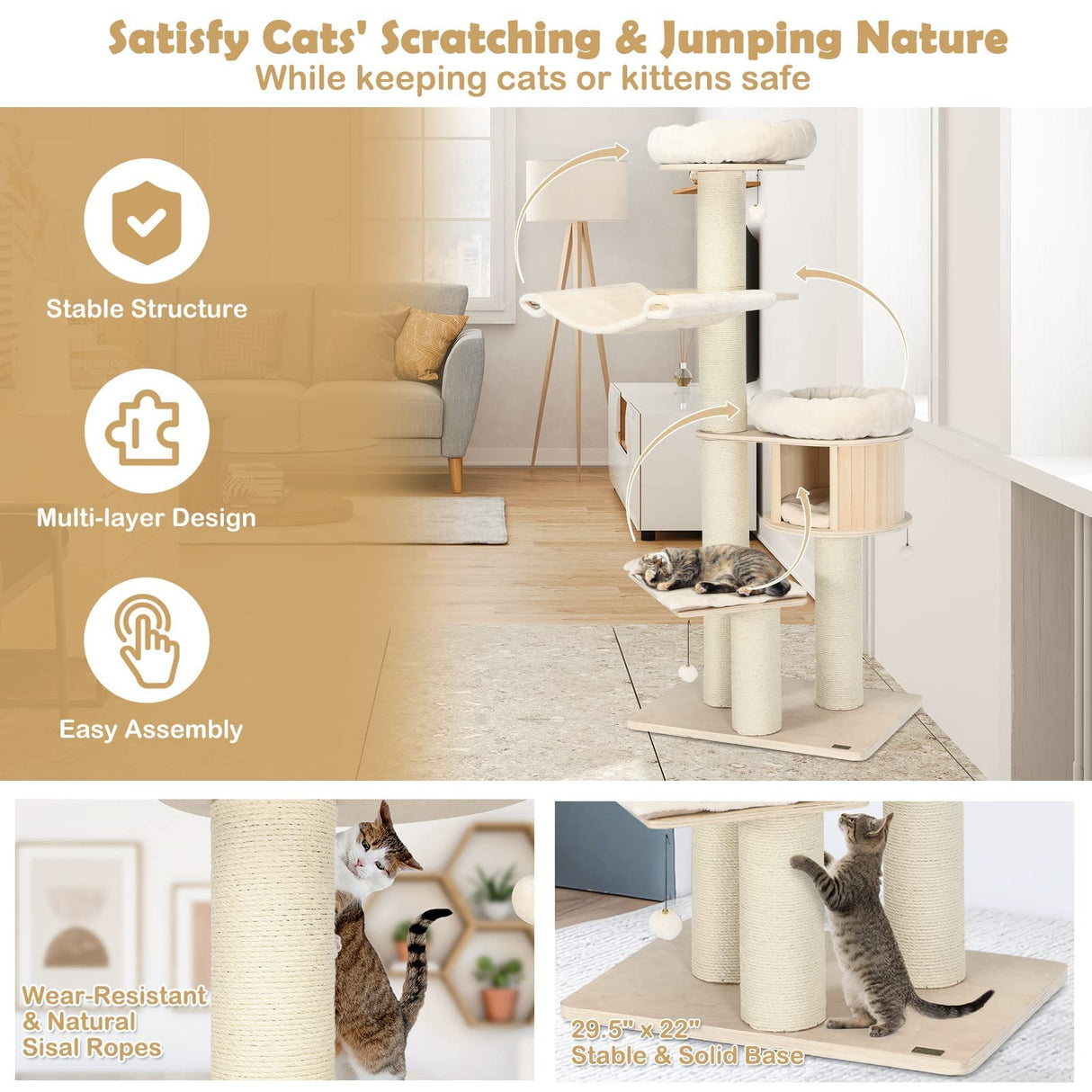 Tangkula Modern Cat Tree, Multi-Level Large Cat Tower w/Cat Condo, Hammocks & Hanging Basket, Tall Cat Tree w/Sisal Posts, Washable Cushions, Wood Cat Trees and Towers for Indoor Large Cats Tangkula