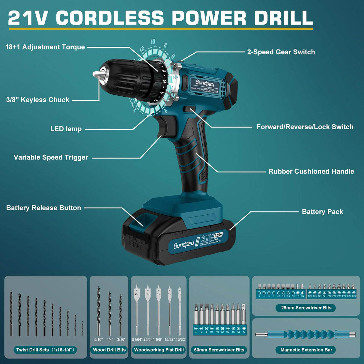 Tool Kit with 21V Cordless Drill - Sundpey 255-PCs Portable Complete General Basic Home and Auto Repair Tool Set with Drawer for Handyman & Diyer & Homeowner - Power Drill with 2 x 2.0Ah Batteries Sundpey