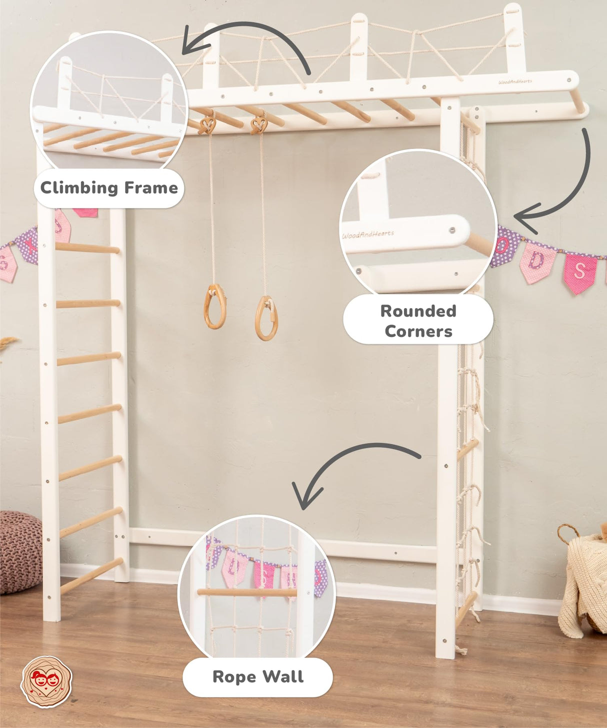 Woodandhearts Swedish Ladder Indoor Playground, Climbing Wall for Kids, Montessori Climbing Set, Indoor Jungle Gym for Toddlers (Pair of Gymnastic Rings) Wood And Hearts