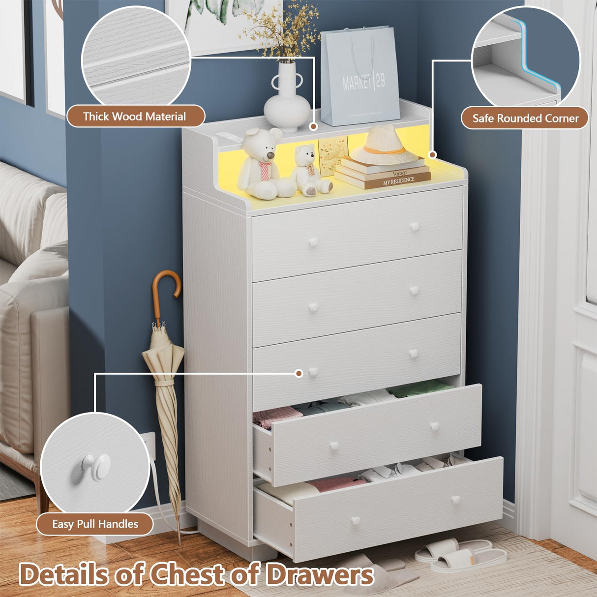 Furnulem Tall Chest of Drawers for Bedroom,5 Drawer Dresser with Charging Station and LED Light,Wood Deep Slide Drawer for Clothes,Blanket in Living Room, Closet,Entryway,White Dresser Furnulem