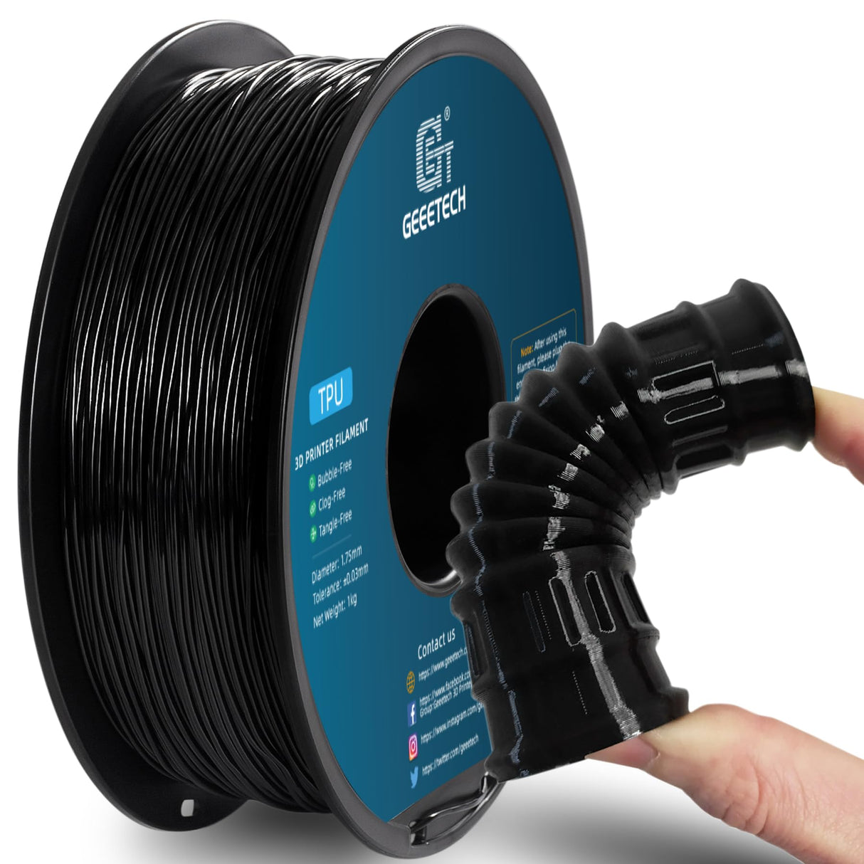 Geeetech TPU Filament 1.75mm, Shore 95A – Flexible 3D Printer Filament with High Elasticity, 1KG (2.2lbs) Spool, Dimensional Accuracy ±0.03mm, Fits Most FDM Printers (Black) Geeetech