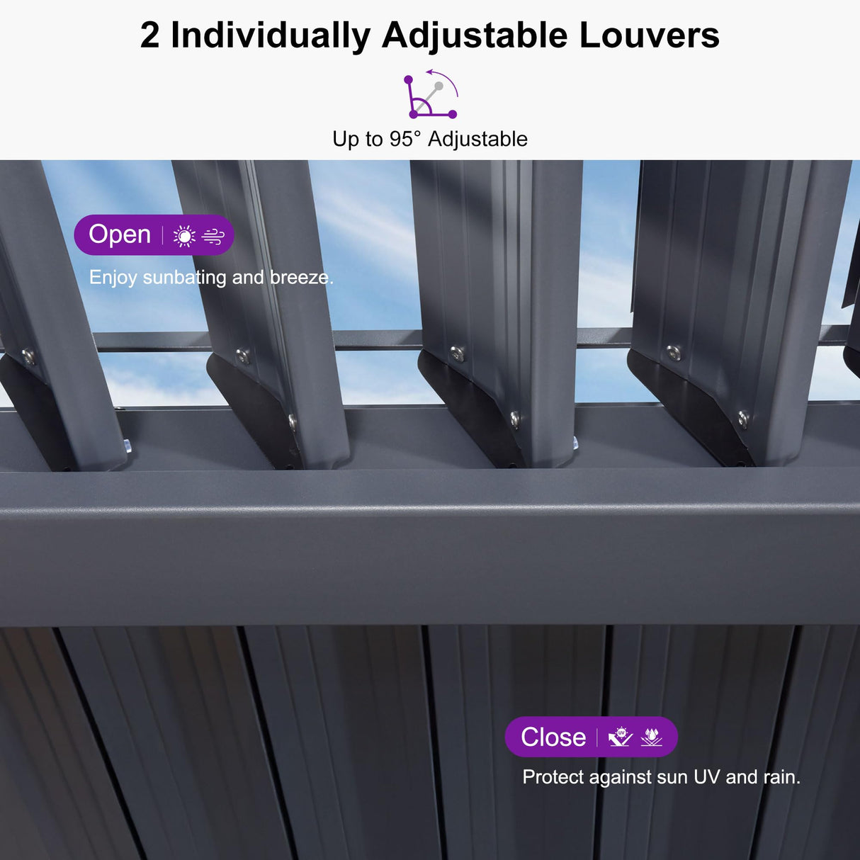 PURPLE LEAF Louvered Pergola 12' x 16' Outdoor Aluminum Modern Gray Pergola with Privacy Curtains and Mesh Netting Adjustable Louvered Roof Durable All-Weather Gazebo PURPLE LEAF