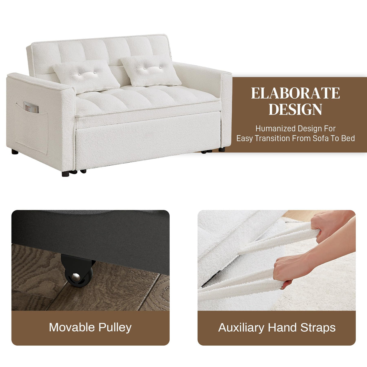 Wrofly 3 in 1 Convertible Sleeper Sofa Couch with Pullout Bed, Loveseat Sofa with Storage and Pillows, Modern 2 Seater Futon Couch Bed for Living Room, Bedroom and Small Space, White Teddy Wrofly