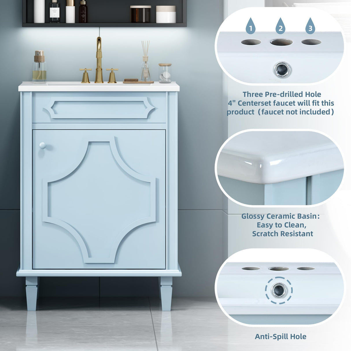 Virubi 24 Inch Bathroom Vanity with Ceramic Sink, Modern Bathroom Storage Cabinet with Flower-Shaped Carved Lines, Bathroom Vanities with Soft Closing Doors & Hidden Adjust Shelf Virubi
