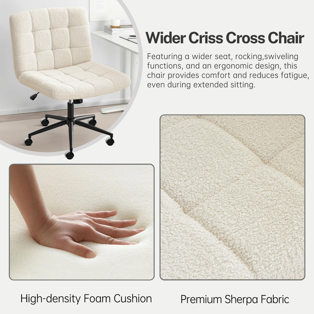 Furniliving Wide Desk Chair, Faux Fur Upholstered Office Chair with Wheels, Adjustable Accent Chair with Thicken Seat, Computer Chair for Living Room, Study Room, Home Office, IvoryWhite Furniliving