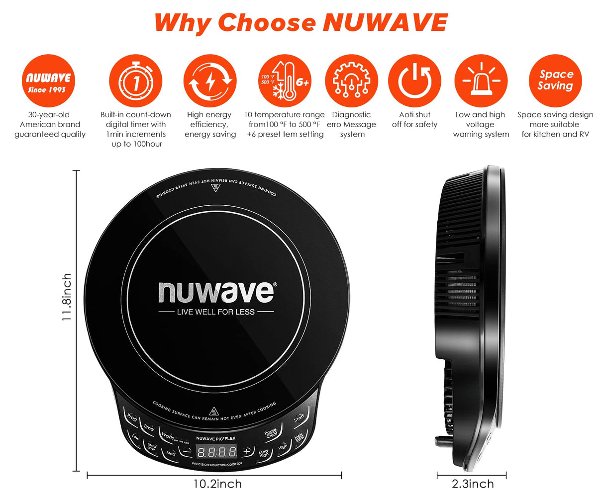 Nuwave Flex Precision Induction Cooktop, 10.25” Shatter-Proof Ceramic Glass, 6.5” Heating Coil, 45 Temps from 100°F to 500°F, 3 Wattage Settings 600, 900 & 1300 Watts, Black Nuwave