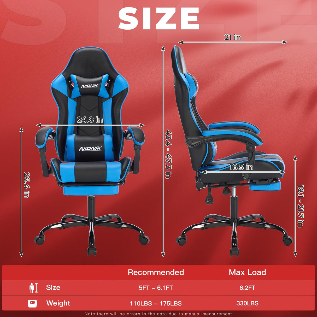 Gaming Chair with Footrest, Ergonomic Computer Chair with Headrest and Lumbar Support, PU Breathable Material Height Adjustable Video Game Chairs for Adults, BlackBlue NIONIK