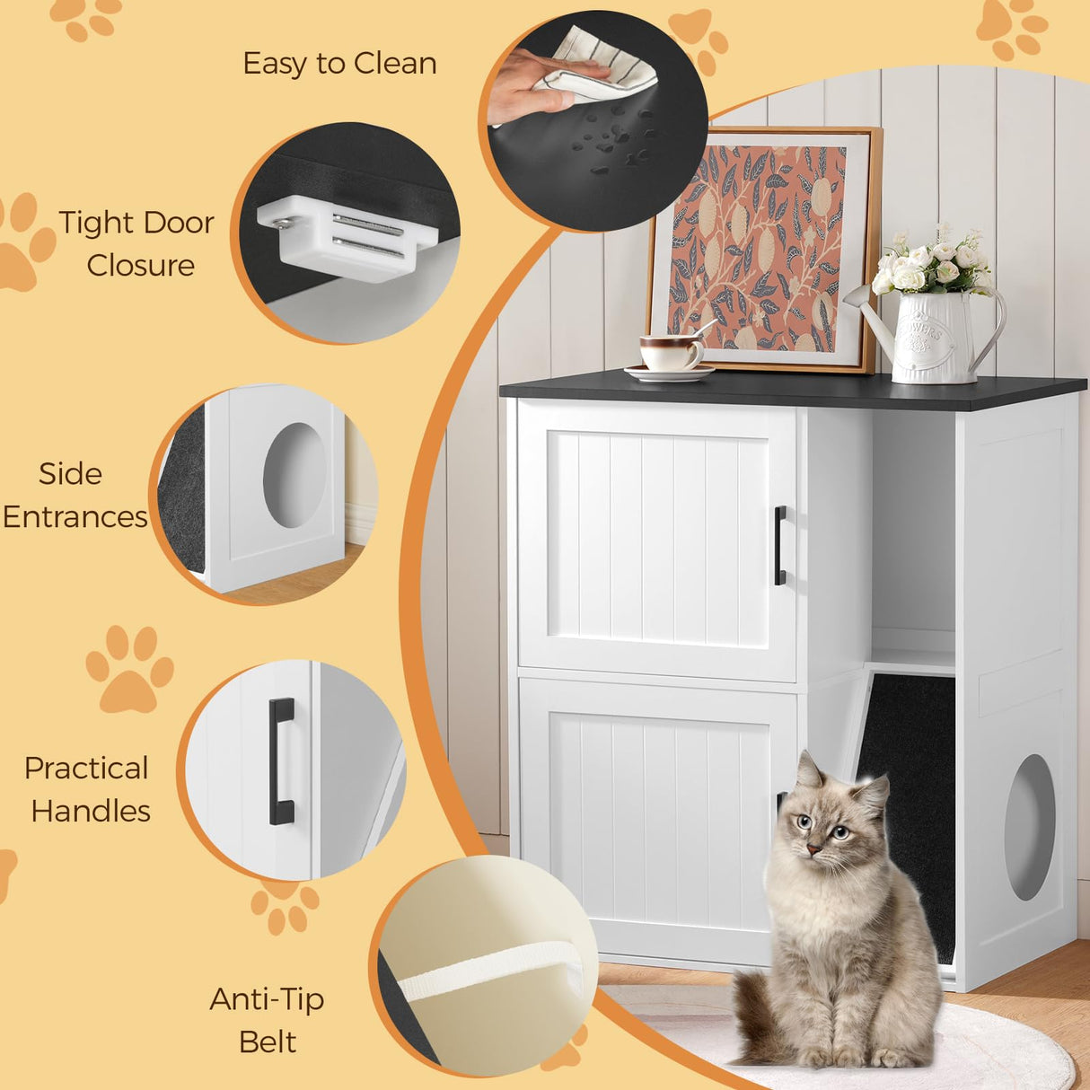 MAHANCRIS Litter Box Enclosure for 2 Cats, Hidden Litter Box Furniture with Scratch Pad, Double Litter Boxes Enclosure, Wooden Cat Washroom, Indoor Cat House End Table, White and Black CWBB3201 MAHANCRIS