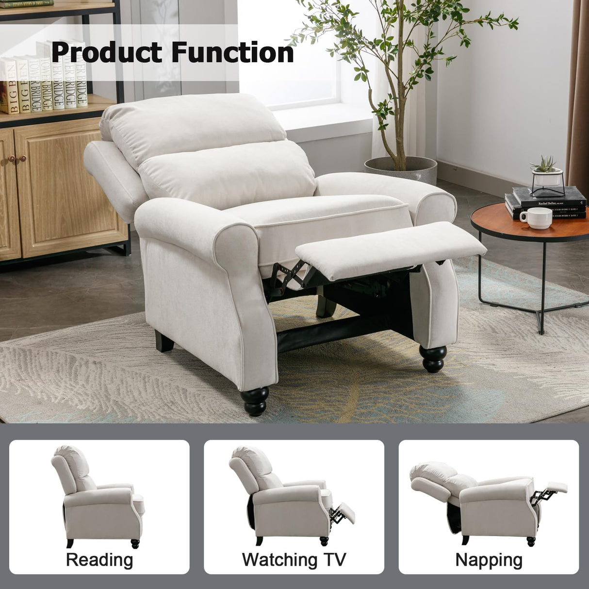 IOMOR Push Back Recliner Chair, Fabric Armchair Overstuffed Pushback Recliner, Heavy Duty Single Sofa Chair with Padded Seat Solid Wood Legs for Living Room (White) IOMOR