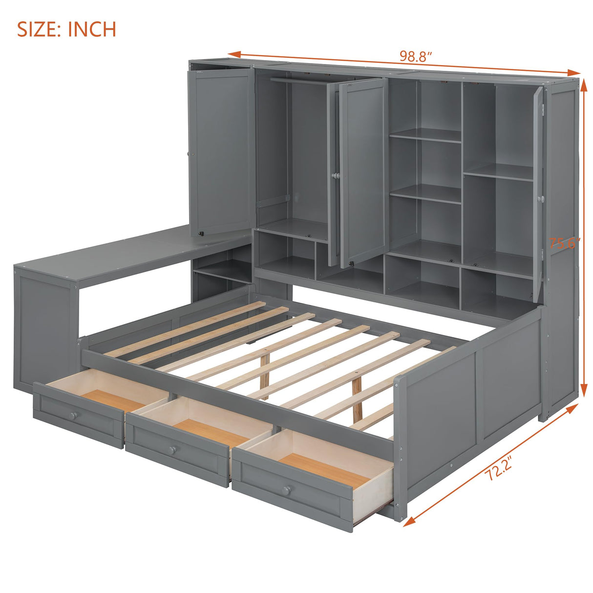 NCKMYB Queen Size Wall Murphy Bed with Desk & Storage, Space-Saving Fold-Down Bed with Shelves & Top Cabinet (Gray, Queen) NCKMYB