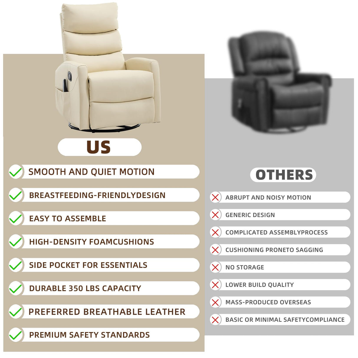 PELUMY Manual Recliner Chair with Heat & Vibration Massage, 360° Swivel Rocker Recliner with 155° Recline and Lumbar Heat, Compact Recliner for Living Room & Small Spaces (Breathable Leather, Beige) PELUMY