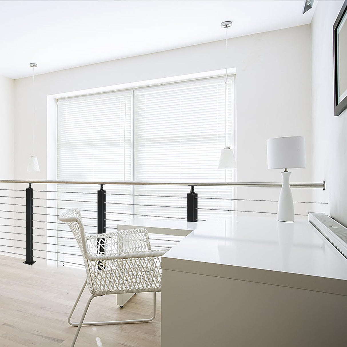 4 Pack Cable Railing Post 36" (Post 36"x2"x2"), Fixed Top Mount Level Drilled Railing Post with Cable Grommets, Adjustable Top Level Line Post Cable Handrail Post, Cable Railing System DIY Kit. HUATOL