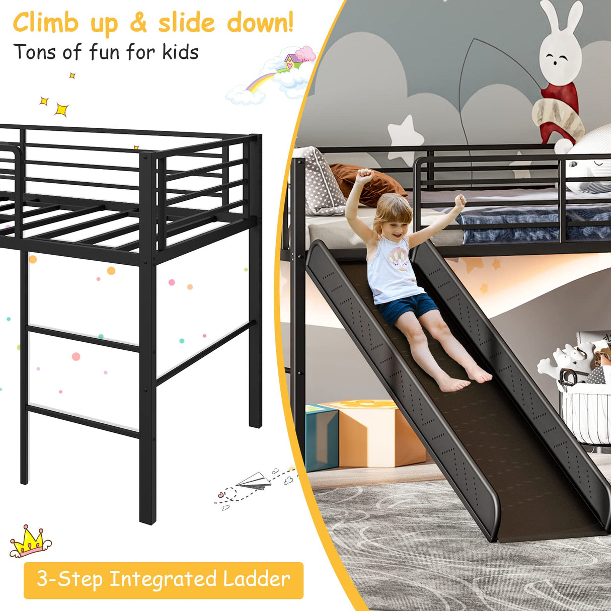Giantex Twin Loft Bed with Slide, Metal Low Bunk Bed w/Safety Guardrails & Built-in Ladder, Toddler Bed Floor Frame for Boys & Girls, No Box Spring Needed (Black) Giantex