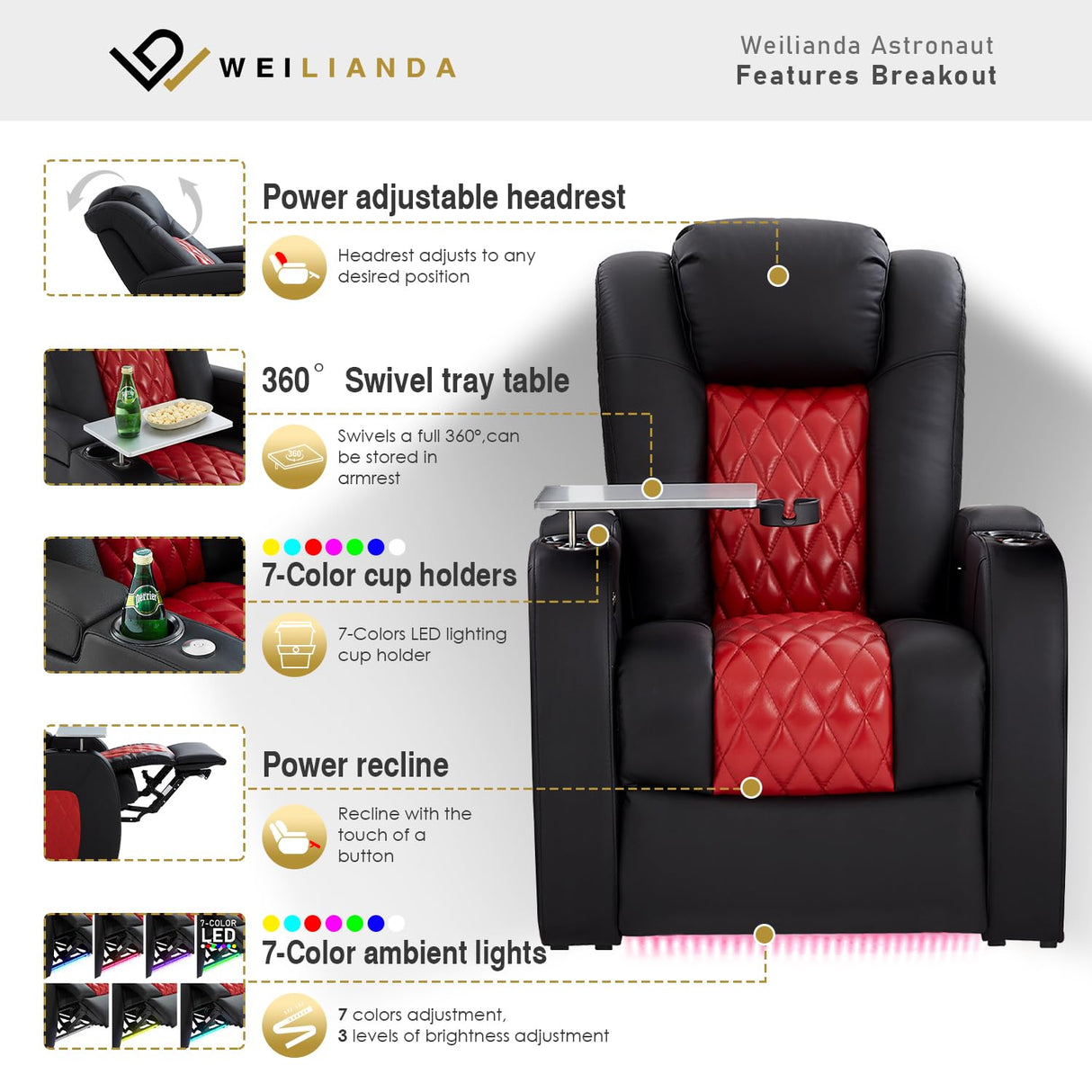 Weilianda Home Theater Seating, Top Grain Leather Movie Seats Recliner Chair, Zero Gravity Reclining Gaming Sofa with Power Headrest 7 Colors Ambient Lighting Single Seat Black Dark Red Weilianda