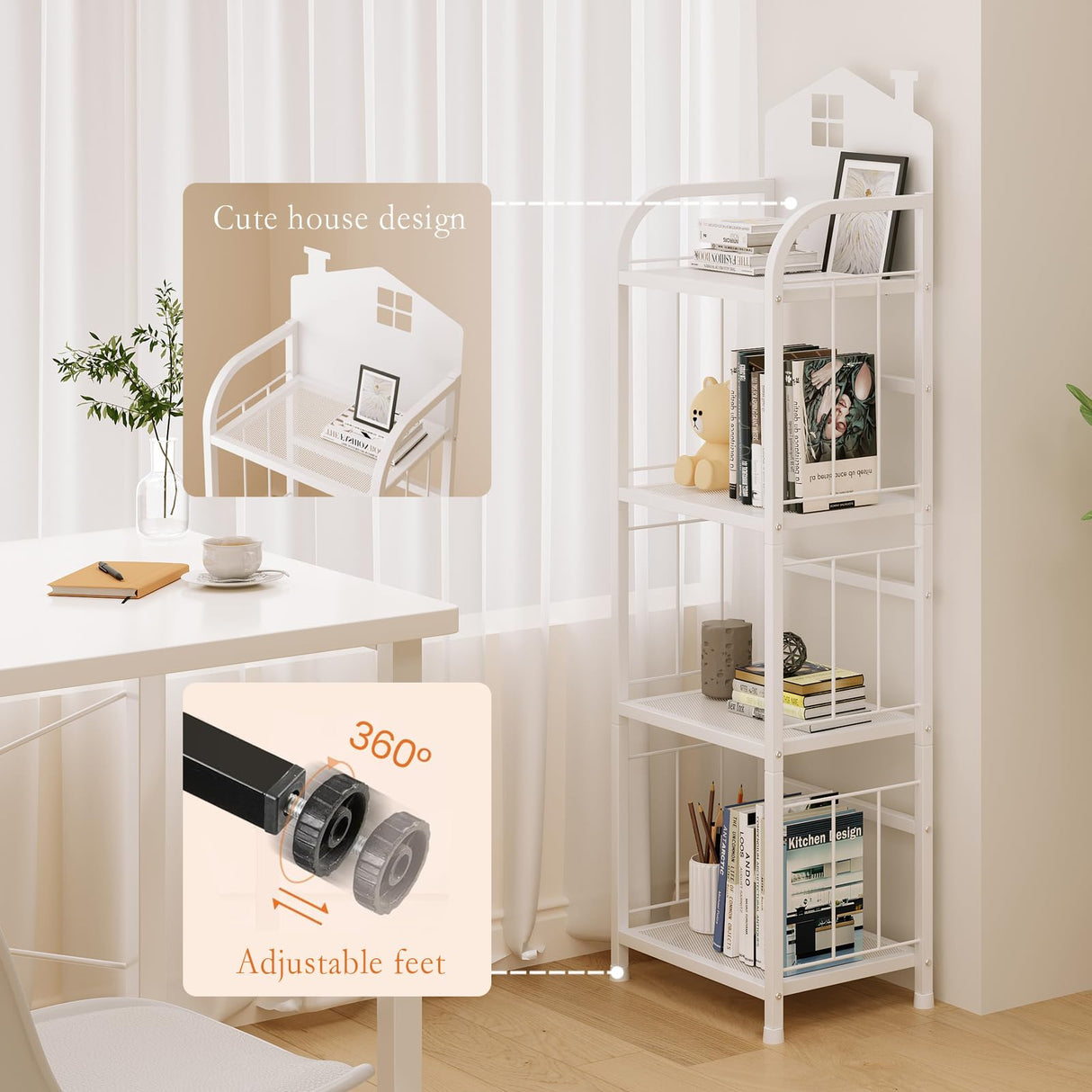 CICUFY Kids Book Shelf, 4-Tier Small Bookcase White Metal Bookshelf Modern Narrow Ladder Shelf Standing Display Shelves Storage Shelving Unit for Bedroom,Office,Living Room,Bathroom CICUFY