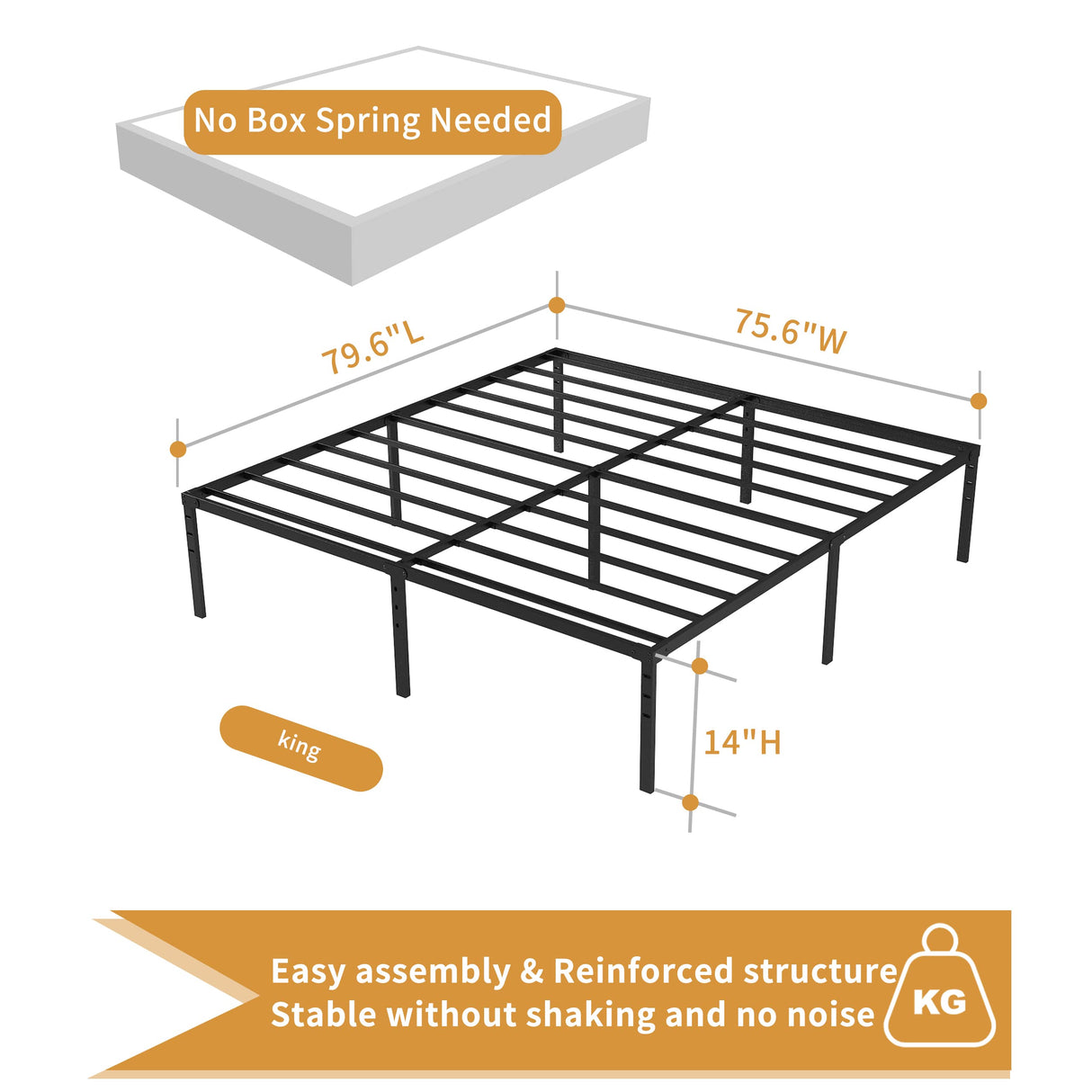 Hafenpo 14 Inch King Bed Frame - Sturdy Metal Platform with Under-Bed Storage and No Box Spring Needed Hafenpo