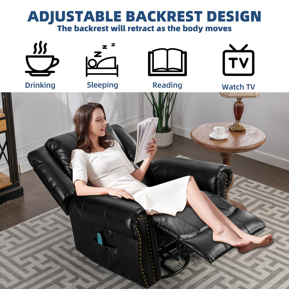 SOCIALCOMFY Swivel Rocker Recliner Chair with Heat and Vibration, 360° Swivel Glider Rocker Manual Reclining Chair, Massage Rocking Recliners with Side Pockets & USB Ports for Living Room, Black SOCIALCOMFY