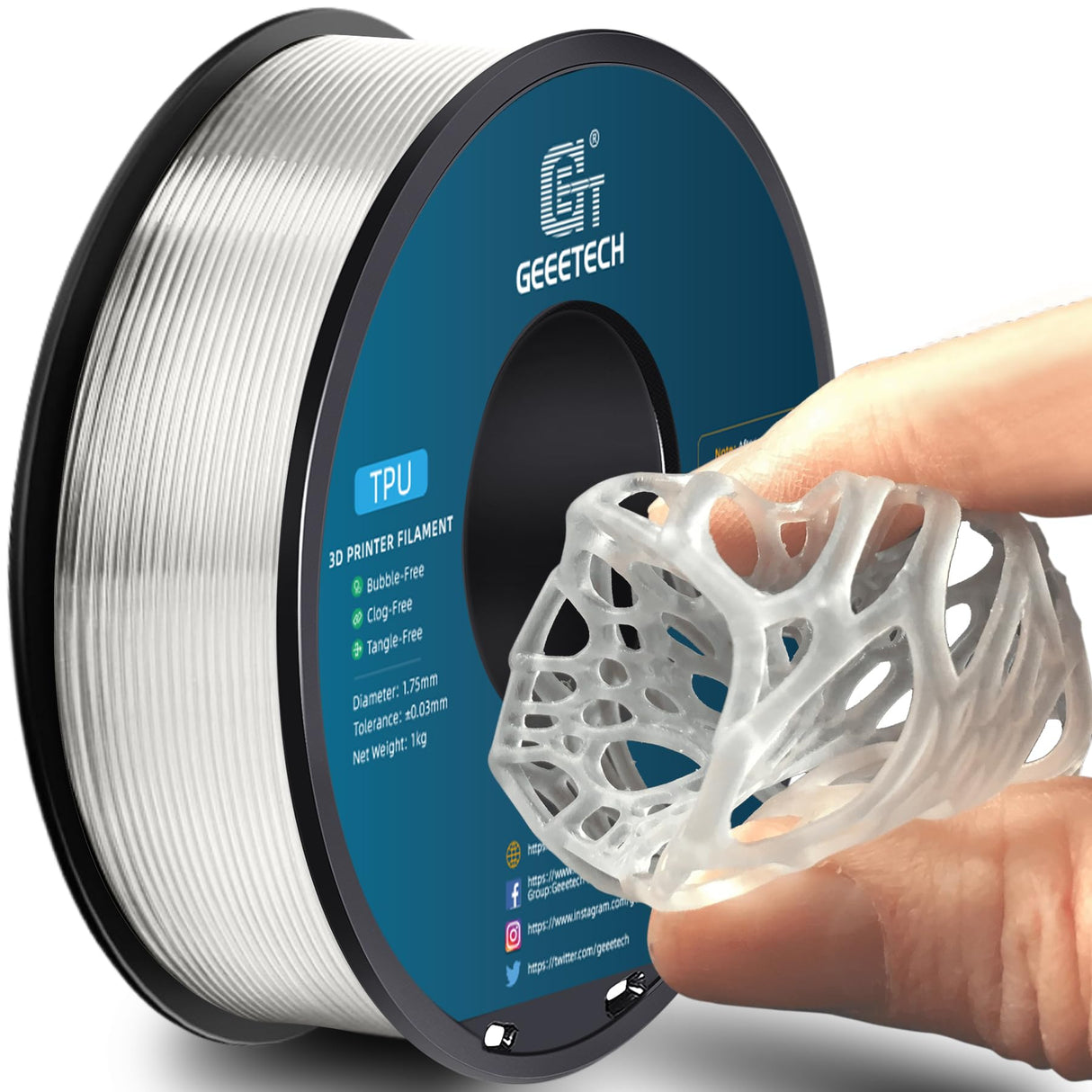 Geeetech TPU Filament 1.75mm, Shore 95A Flexible 3D Printer Filament with High Elasticity, 1KG (2.2lbs) Spool, Dimensional Accuracy ±0.03mm, Fits Most FDM Printers (Clear) Geeetech