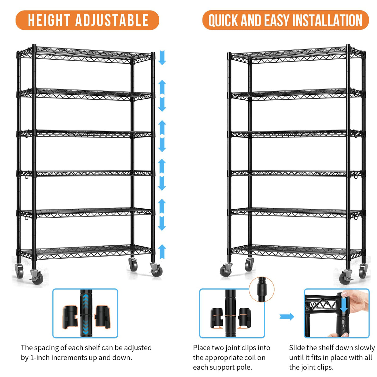 Hodonas 2300LBS Wire Shelving Unit, 36"W x 14"D x 75"H Metal Standing Shelf Units with Wheels / Leveling Feet, 6 Tier, Adjustable, Heavy Duty, and NSF Storage Shelves, Rolling Metal Shelving Wire Rack Hodonas