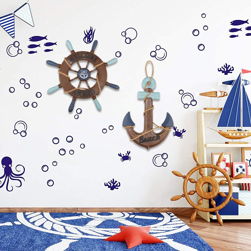 2 Pack 13" Nautical Beach Wooden Ship Wheel and 13" Wooden Anchor with Rope Nautical Boat Steering Wheel Rudder Anchor Wall Art Decor Door Hanging Ornament Beach Theme Home Decoration(Retro Brown) Meching