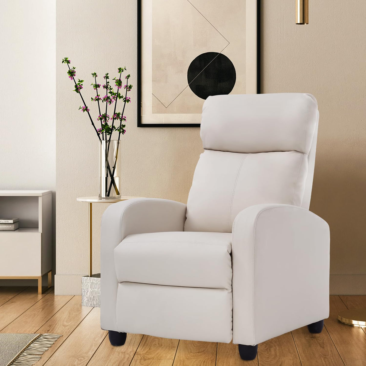 Polyurethane Leather Manual Recliner Chair - Modern Home Theater Sofa Furniture, Single Reclining Lounge With Backrest, Push Back Armchair, Beige Dopinmin