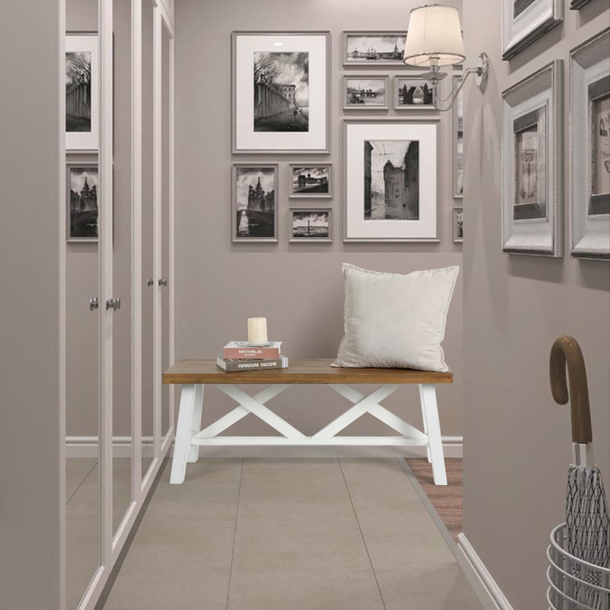 Wnutrees 43" Farmhouse Wood Bench, Rustic Solid Wood Entryway Bench Seat with Double X-Structure for Dining Room, Living Room, Hallway, Structural Stability, White Wnutrees