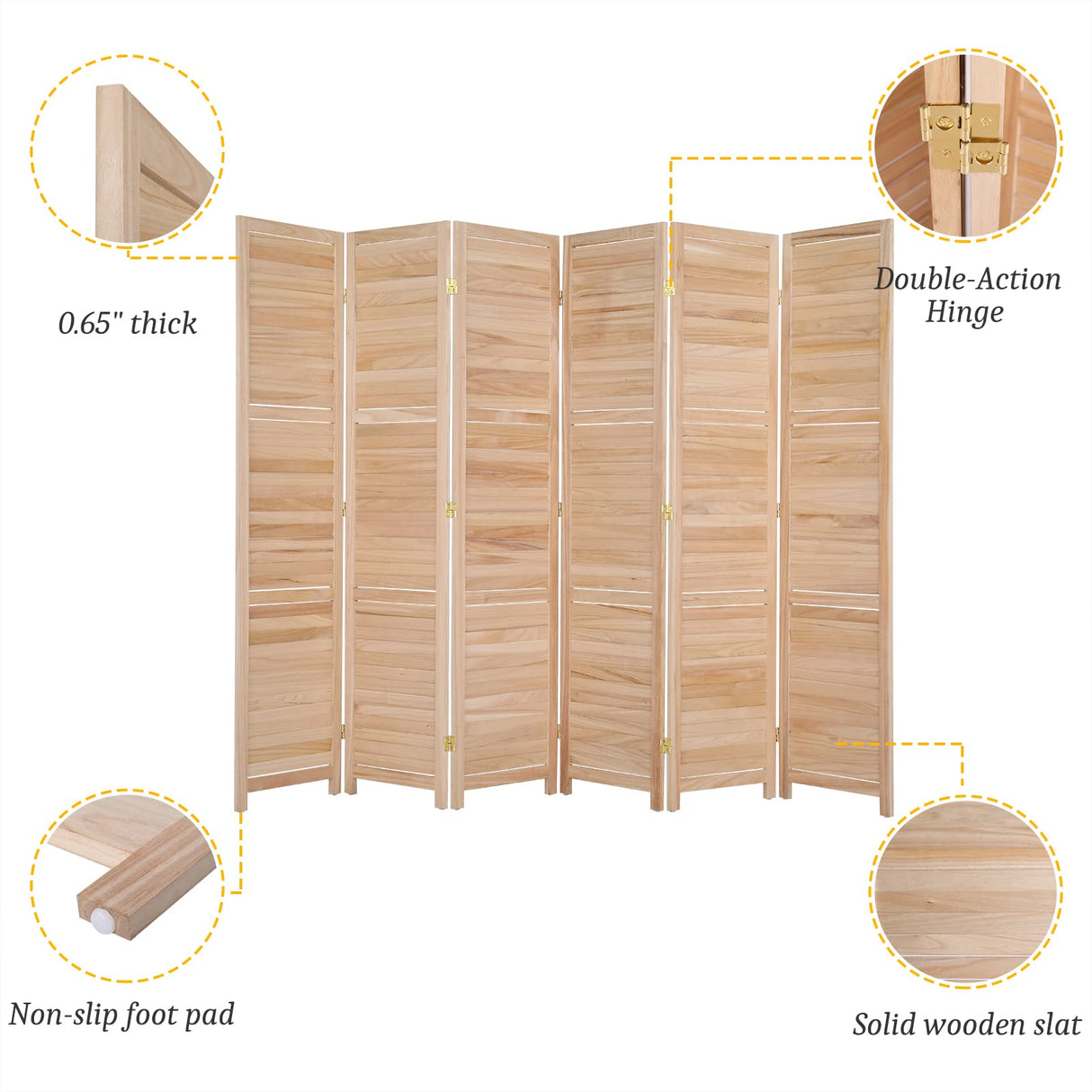 Bonnlo Wood Room Divider Privacy Screen, 5.9 Ft Tall Folding Partition Wall Divider, Indoor Freestanding Hinged Space Separator (Natural, 6 Panel) Bonnlo