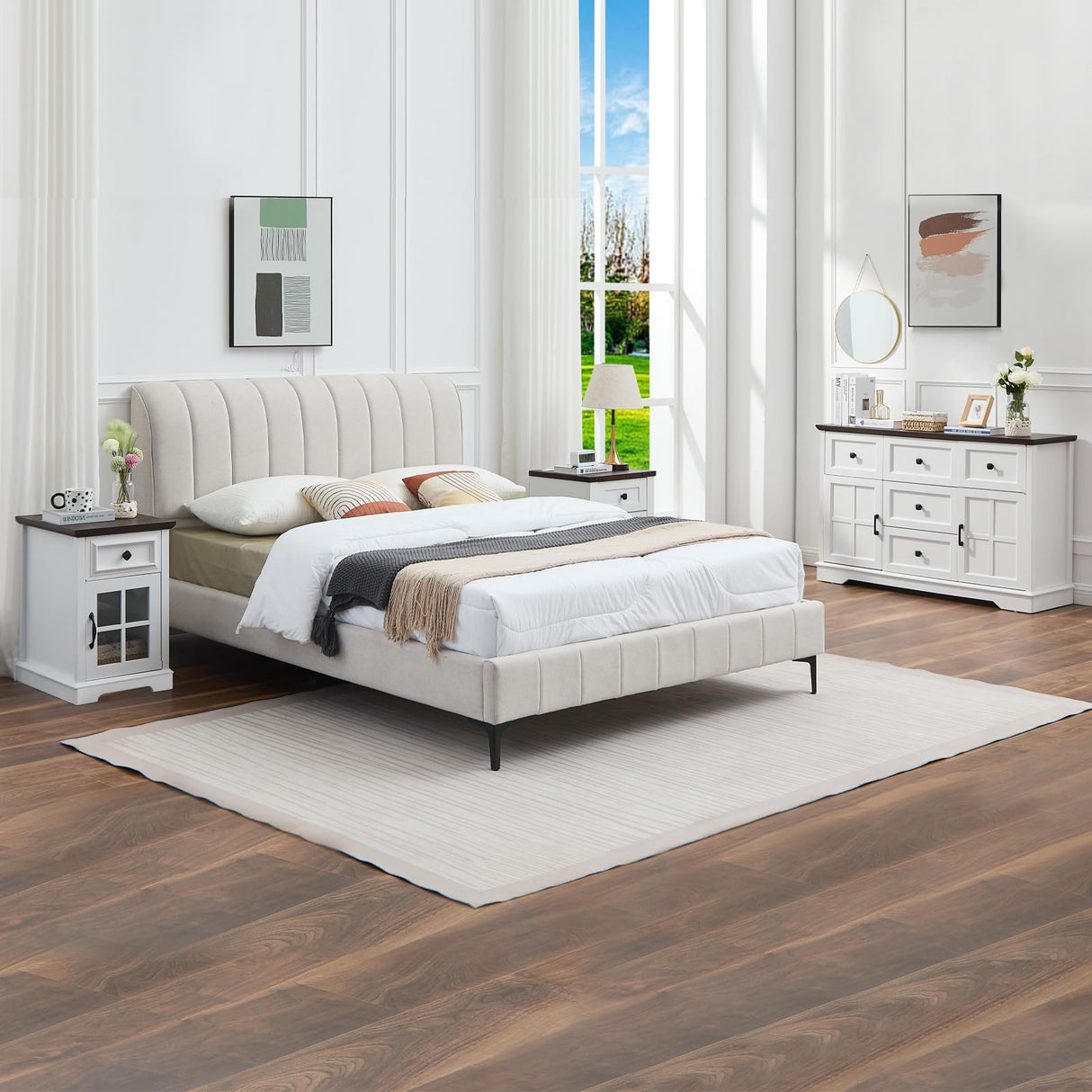 KHLJJU Farmhouse 5+2 White Dresser for Bedroom, Chest of Drawers for Bedroom with 5 wooden Drawers and 2 Cross Doors, Wood Dressers Storage TV Stand for Bedroom, Living Room KHLJJU