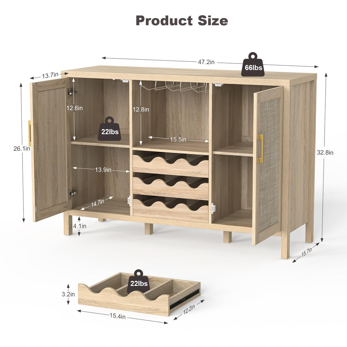 OTUTUMUS Rattan Wine Bar Cabinet, Boho Rattan Home Wine Bar Cabinet with Glass Holder and Drawer Style Wine Racks, Oak Sideboard Buffet Storage Cabinet for Living Dining Room Kitchen OTUTUMUS