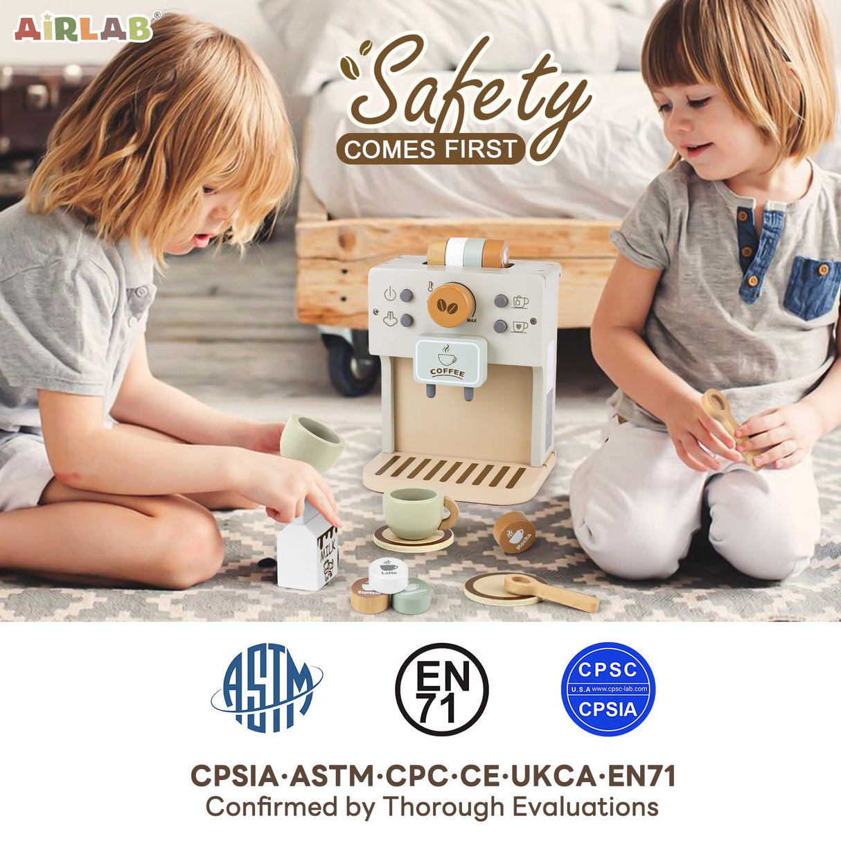 Airlab Toy Coffee Maker for Kids Wooden Kitchen Accessories Pretend Play Toddler Coffee Playset for Girls Boys Ages 3 4 5 Years Birthday Gifts Airlab