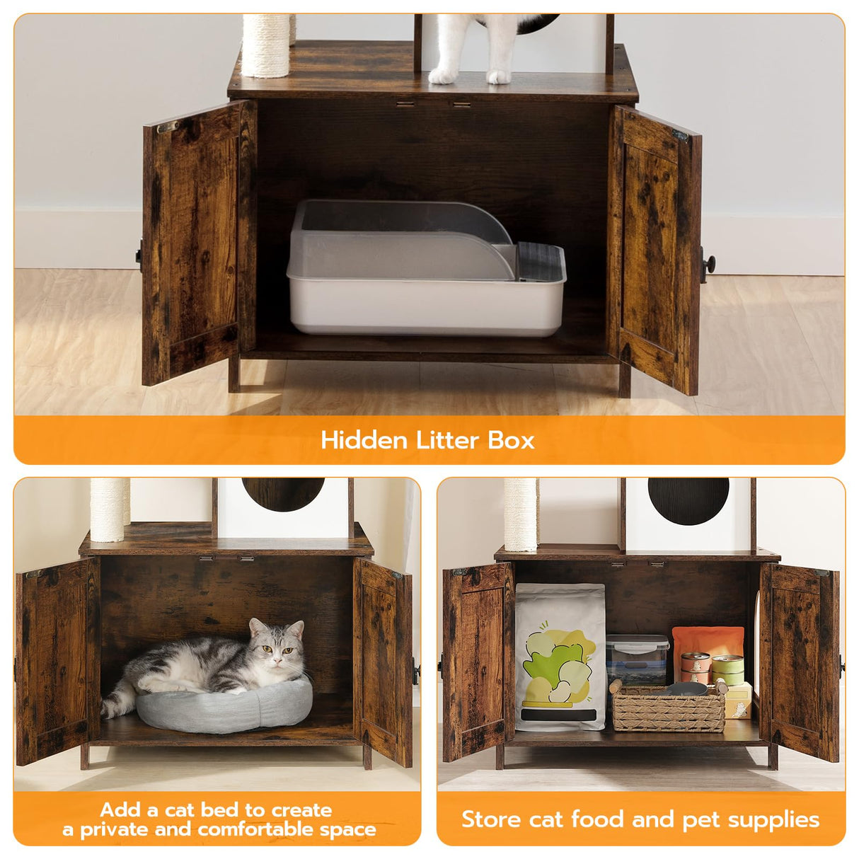 HOOBRO Cat Tree with Litter Box Enclosure for Indoor Cats, Wooden Cat Condo with Scratching Posts, Cat Litter Box Furniture Hidden, All-in-One Cat Toy with Cat House, Rustic Brown FG15MZ03 HOOBRO
